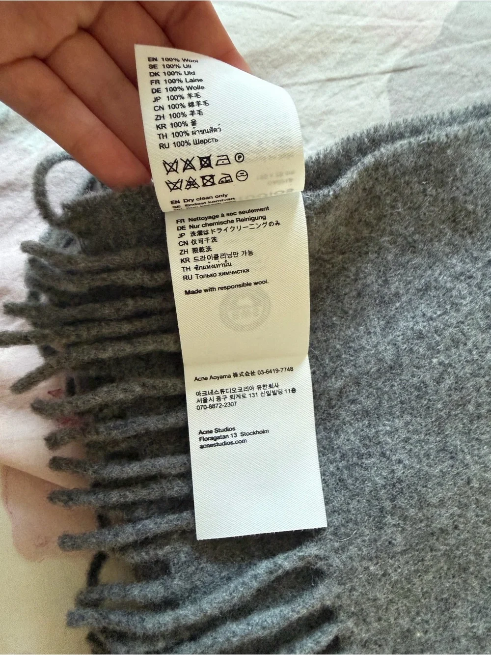 Acne Grey Fringe Wool Skinny Scarf